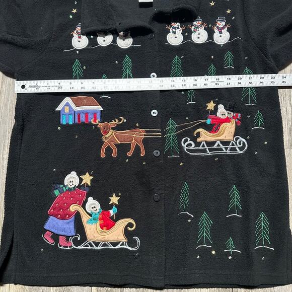 Quacker Factory Black Christmas Women's Large Fleece Jacket Shacket Snow Scene - Picture 3 of 6